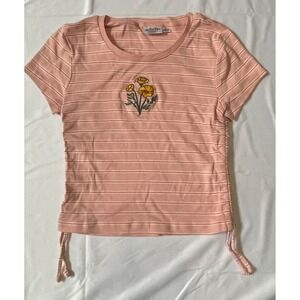 Pink White Striped Junior short sleeve top SIZE SMALL PINK EMBRODAL FLOWER